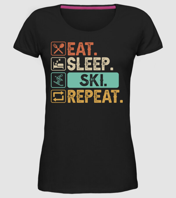 Eat Sleep SKI Repeat model negru pe tricou