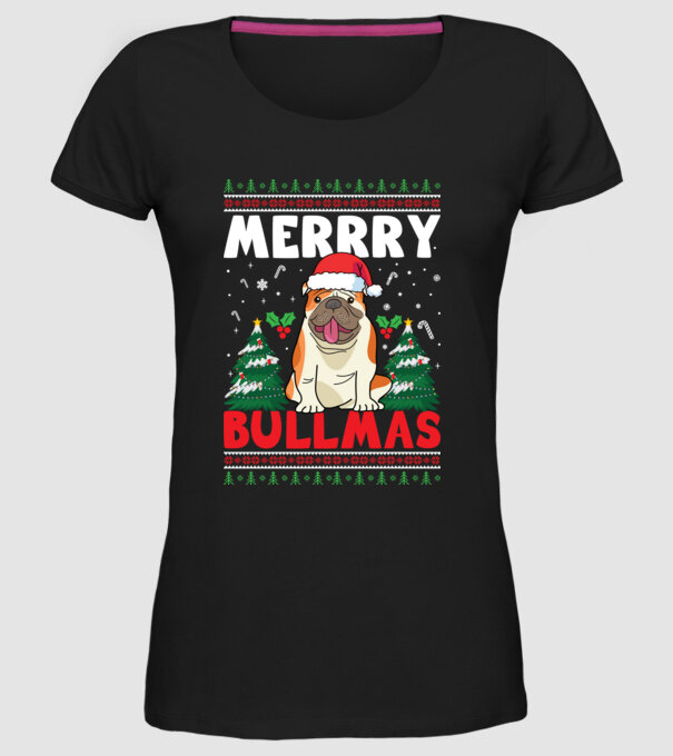 Merry bullmas ugly sweater model negru pe tricou