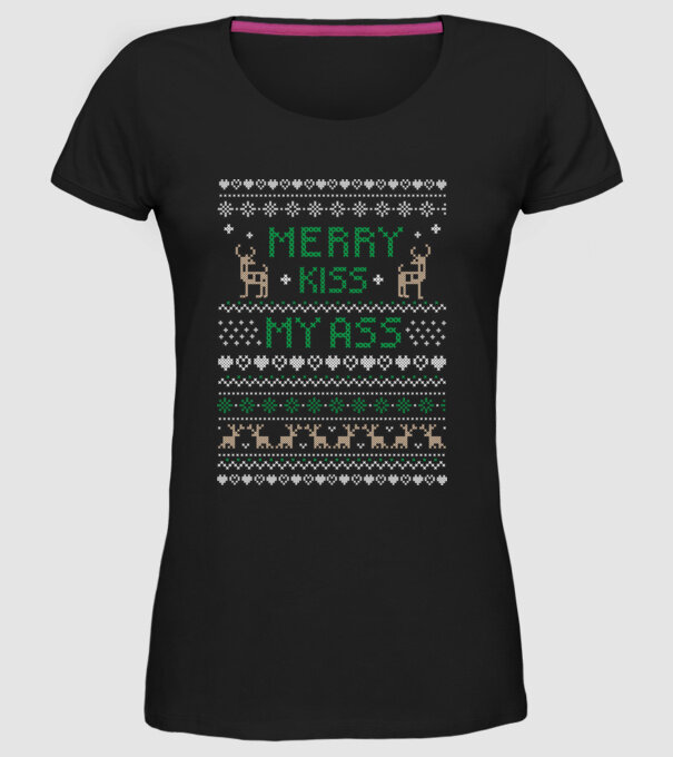Merry kiss my ass ugly sweater model negru pe tricou