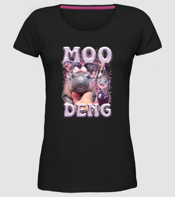 MOO DENG baby hippo model negru pe tricou
