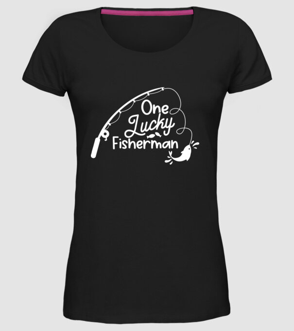 One lucky Fisherman model negru pe tricou
