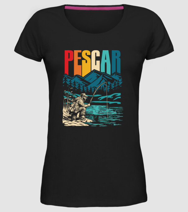Pescar retro model negru pe tricou