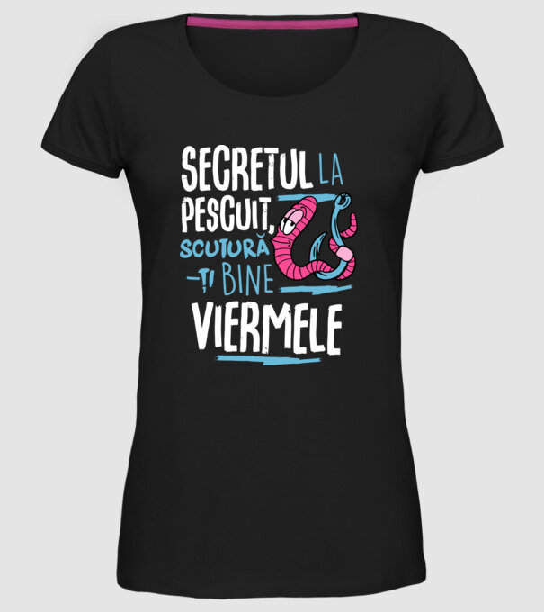 Secretul la pescuit scutură-ți bine viermele model negru pe tricou
