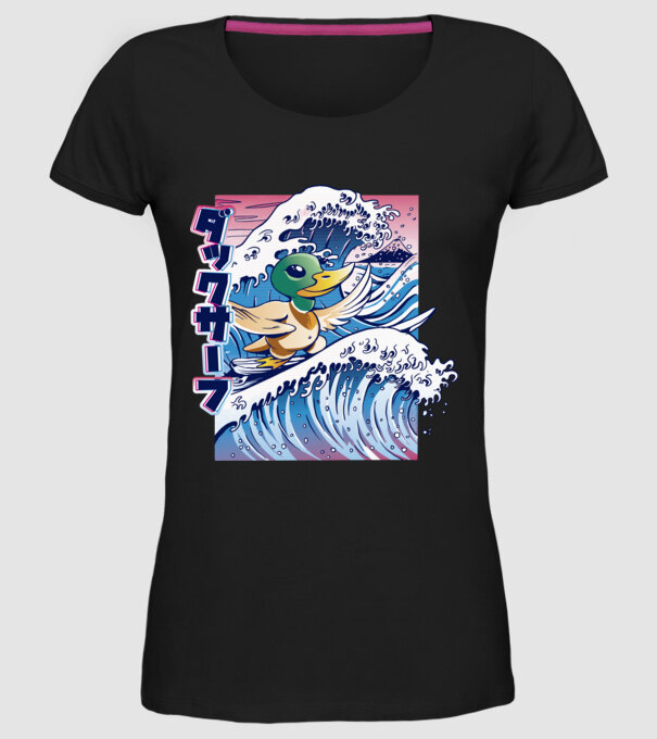 Surfer Duck model negru pe tricou