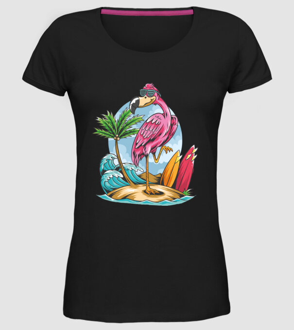 Surfer flamingo model negru pe tricou