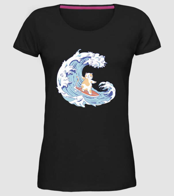 Surfer kitty model negru pe tricou
