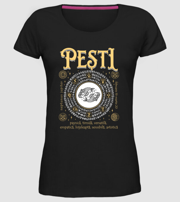Zodiac femeie PEȘTI golden model negru pe tricou