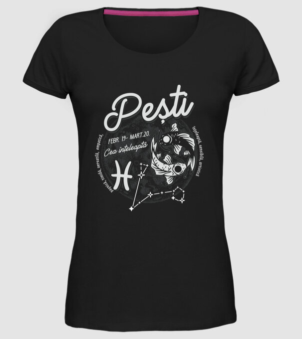 Zodiac femeie PEȘTI retro model negru pe tricou