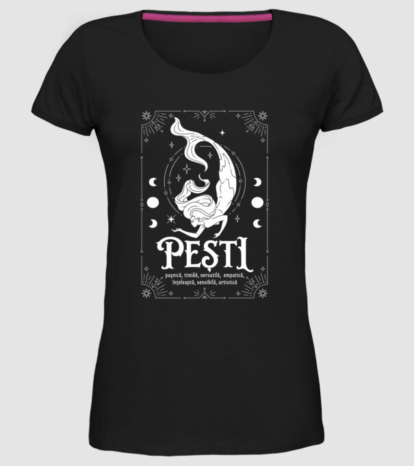 Zodiac femeie PEȘTI white model negru pe tricou