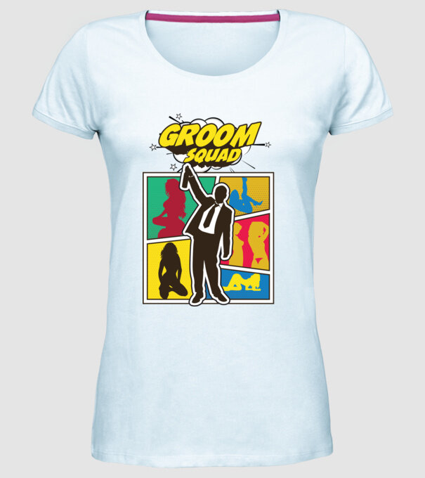 Comic Groom Squad model albastru deschis pe tricou
