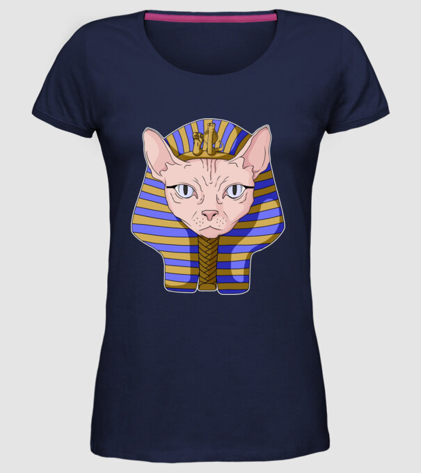 sphynx cat pharaoh model albastru închis pe tricou