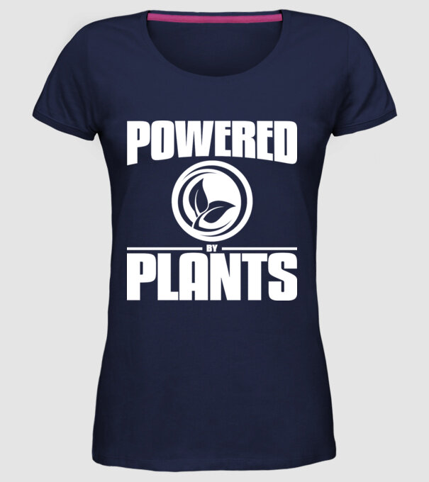 powered_by_plants model albastru închis pe tricou