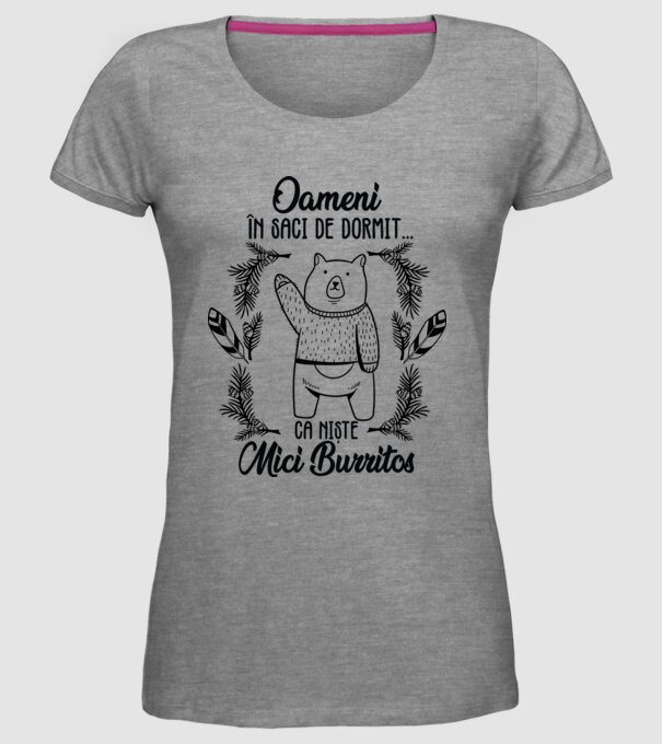 oameni în saci de dormit... ca niște mici burritos model gri pe tricou