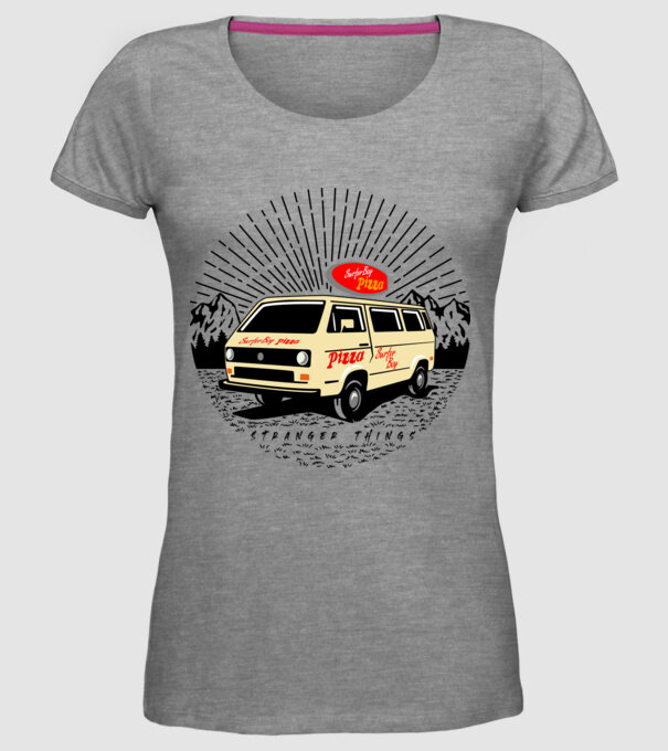 surfer boy pizza bus stranger things model gri pe tricou