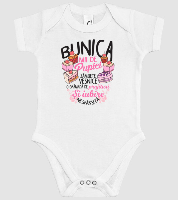 bunica - mii de pupici, zâmbete veșnice, o grămadă de prăjituri și iubire nesfârșită model alb pe tricou