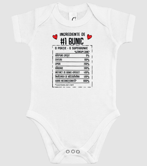 Ingrediente Bunic - o porție : un superbunic - %consum zilnic* răspuns greșit, sfaturi, umor, răbdare, instinct de bunic-ursuleț model alb pe tricou
