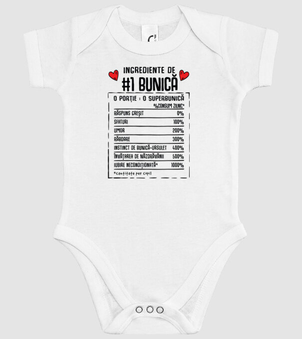 Ingrediente Bunică - o porție : o superbunică - %consum zilnic* răspuns greșit, sfaturi, umor, răbdare, instinct de bunică-ursul model alb pe tricou