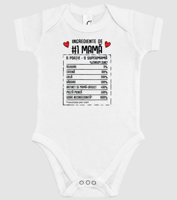 Ingrediente de Mamă - o porție : o supermamă - %consum zilnic* relaxare, cofeină, grijă, răbdare, instinct de mamă-ursuleț, mult model alb pe tricou