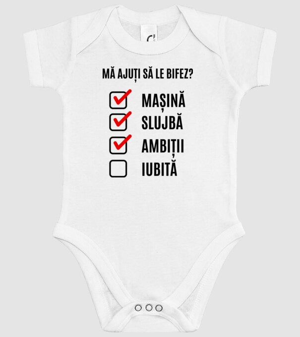 mașină, slujbă, ambiții, iubită - mă ajuți să le bifez? model alb pe tricou