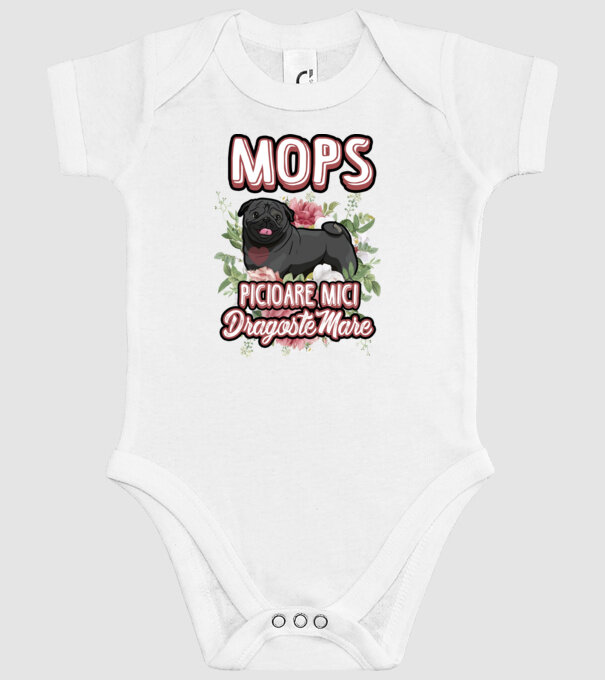 Mops negru picioare mici dragoste mare model alb pe tricou