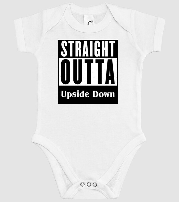 straight outta upside down model alb pe tricou