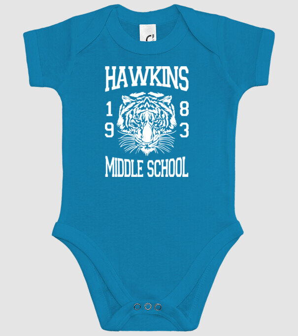 hawkins middle school 83 white model turcoaz pe tricou