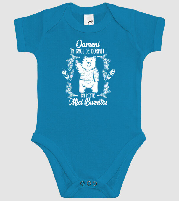 oameni în saci de dormit... ca niște mici burritos model turcoaz pe tricou
