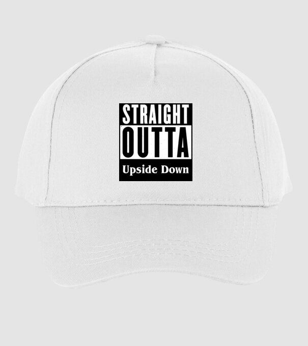 straight outta upside down model alb pe tricou