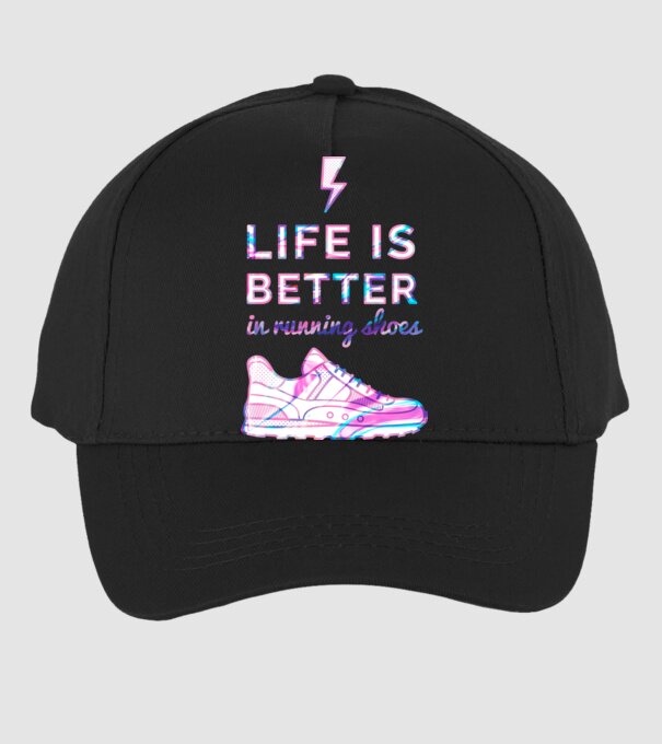 Life is better running shoes HOLO model negru pe tricou