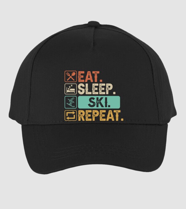 Eat Sleep SKI Repeat model negru pe tricou