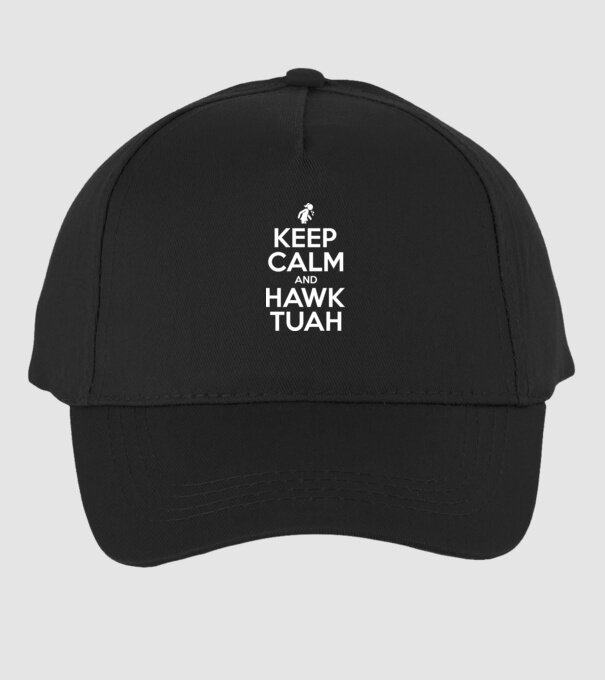 Keep calm and hawk tuah model negru pe tricou