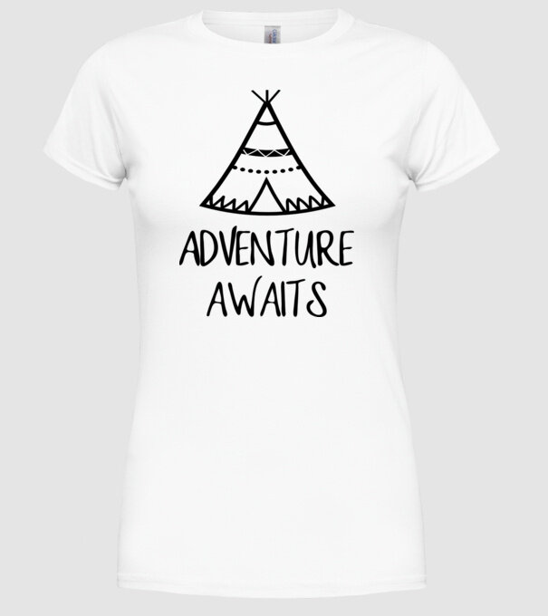 Adventure awaits teepee model alb pe tricou