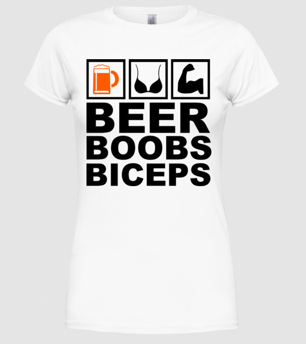 Beer Boobs Biceps model alb pe tricou