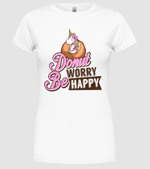 Donut worry be happy model alb pe tricou