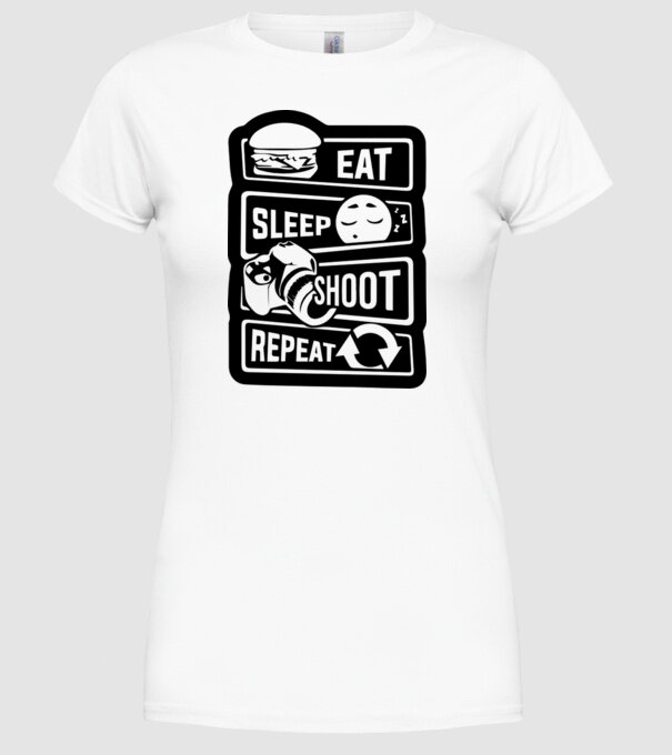 eat sleep shoot repeat model alb pe tricou