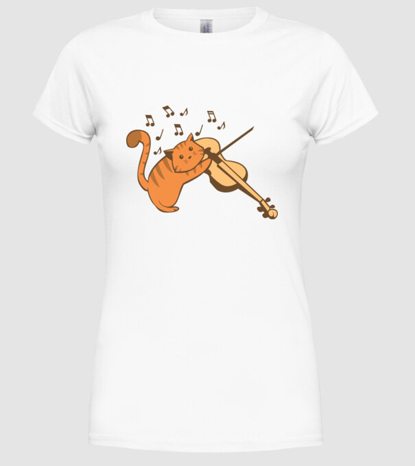Pisică cântă la vioară model alb pe tricou