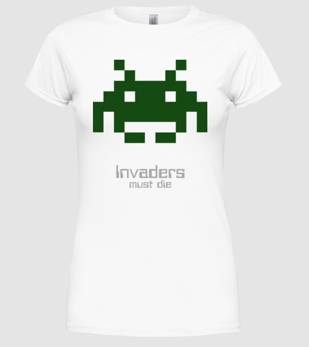 Invaders Must Die model alb pe tricou