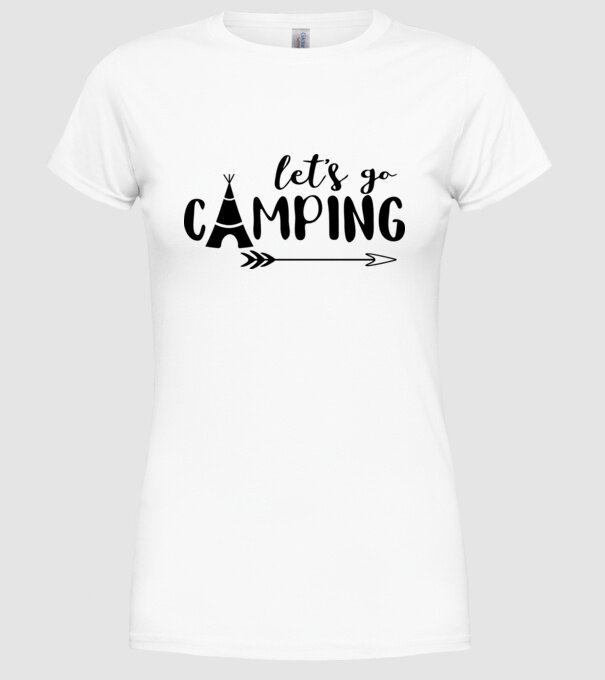 'Let''s go camping' model alb pe tricou