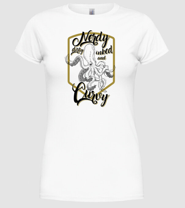 Nerdy, dirty, inked and curvy model alb pe tricou