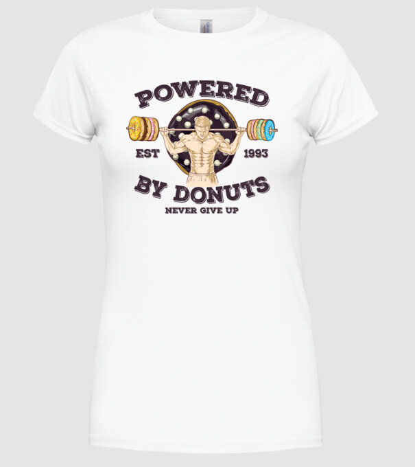 Powered by donuts model alb pe tricou