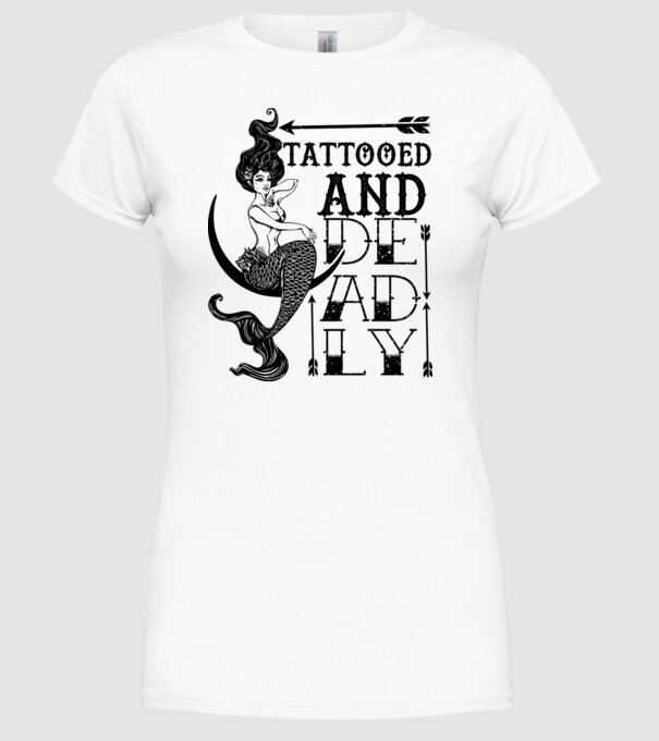 Tattooed and deadly mermaid model alb pe tricou