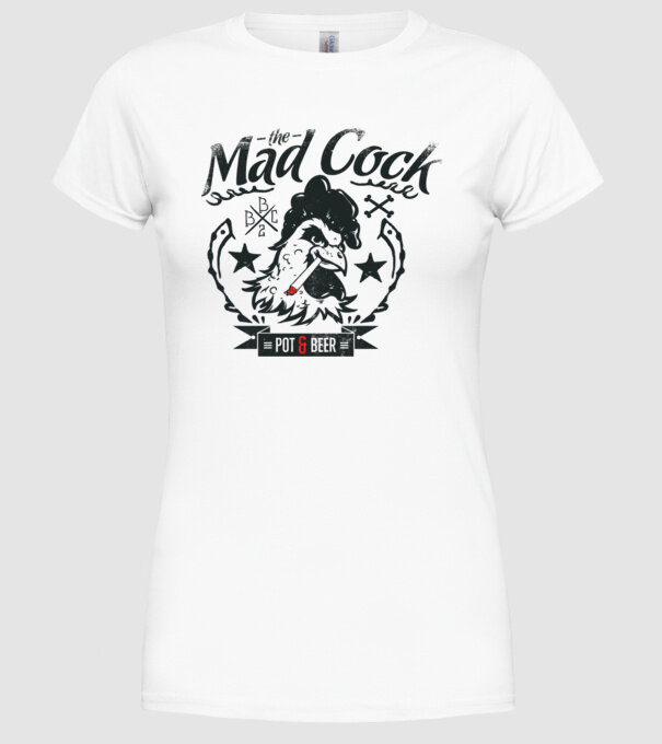 The Mad Cock model alb pe tricou