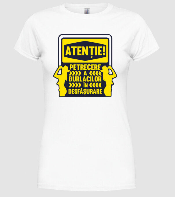 atenție, petrecere a burlacilor în desfășurare model alb pe tricou