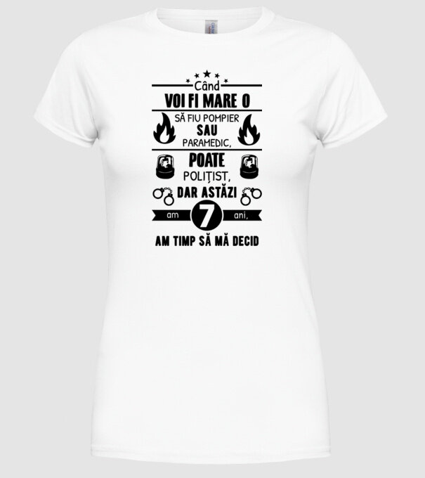 când voi fi mare o să fiu pompier sau paramedic, poate polițist, dar astăzi am 7 ani, am timp să mă decid model alb pe tricou