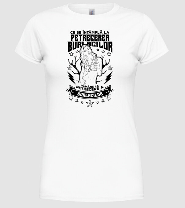 Ce se întâmplă la petrecerea burlacilor, rămâne la petrecere a burlacilor model alb pe tricou