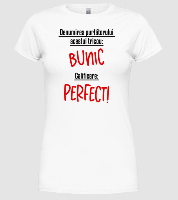 Denumirea purtătorului acestui tricou: bunic! Calificare: Perfect! model alb pe tricou