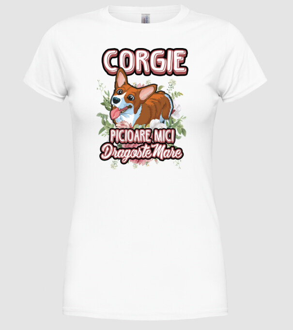 corgie : picioare mici dragoste mare model alb pe tricou