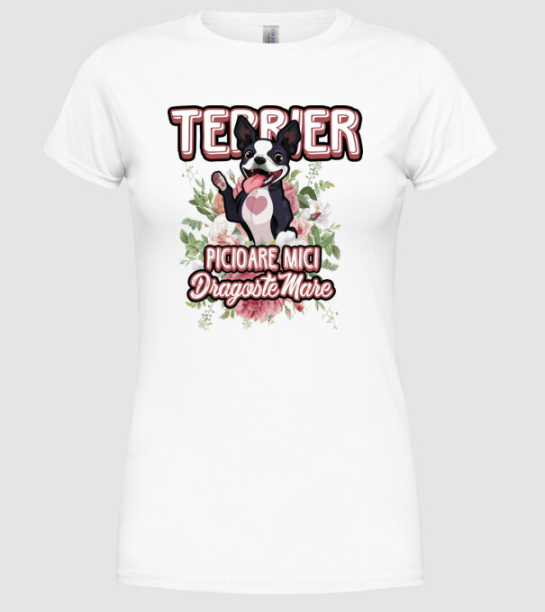 terrier : picioare mici dragoste mare model alb pe tricou