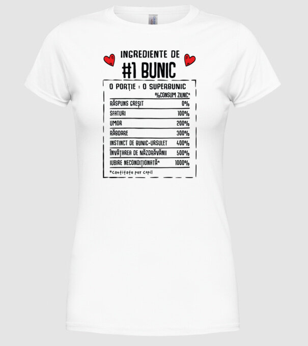 Ingrediente Bunic - o porție : un superbunic - %consum zilnic* răspuns greșit, sfaturi, umor, răbdare, instinct de bunic-ursuleț model alb pe tricou