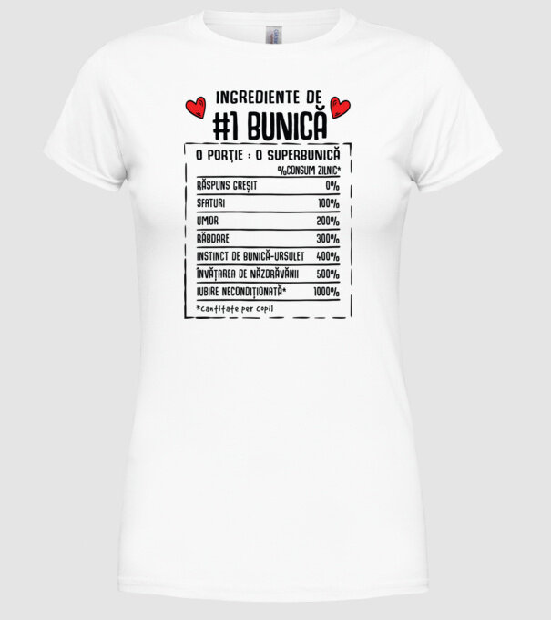 Ingrediente Bunică - o porție : o superbunică - %consum zilnic* răspuns greșit, sfaturi, umor, răbdare, instinct de bunică-ursul model alb pe tricou
